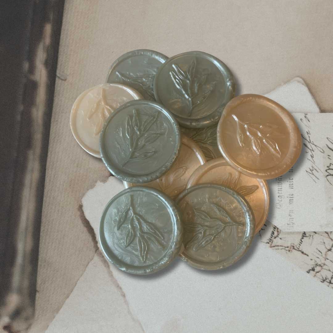 Hand-Poured Wax Seals — Eucalyptus Leaf | Sage & Champagne (Pack 10)