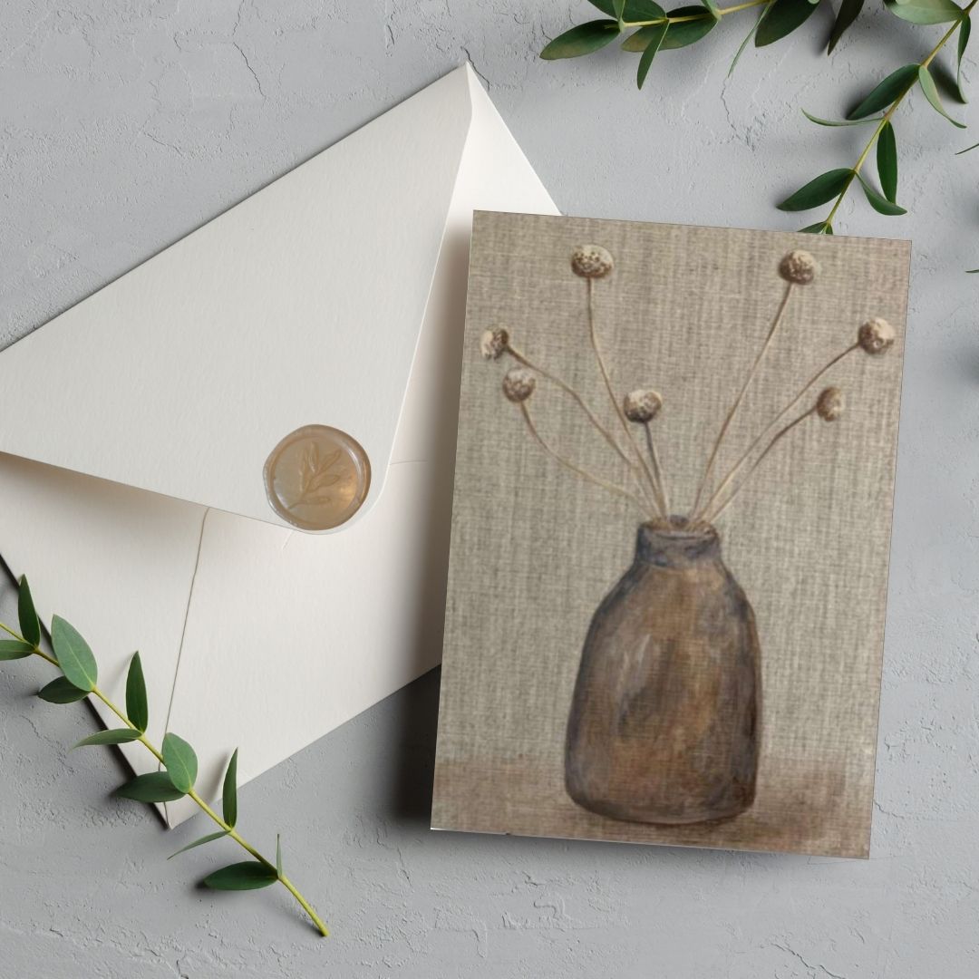 Vase with Billy Buttons - Australian Nature Still Life Greeting Card